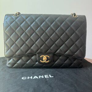 Chanel Classic Double Flap Bag Quilted Caviar Maxi Black & Gold